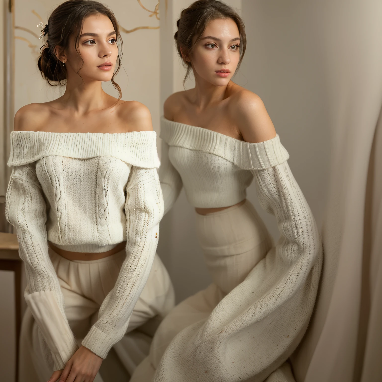 ((best quality)), ((masterpiece)), (Detailed), 1 girl, Off-the-shoulder sweater