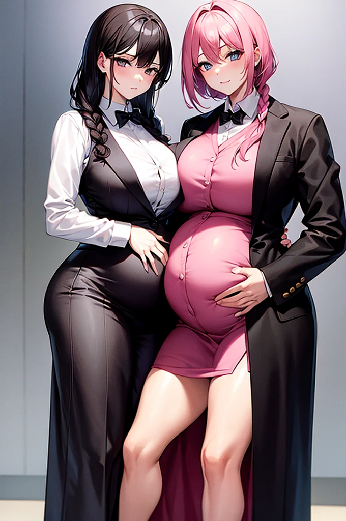 man with big pink hair in a suit and braid with a brunette woman with black hair and pregnant.