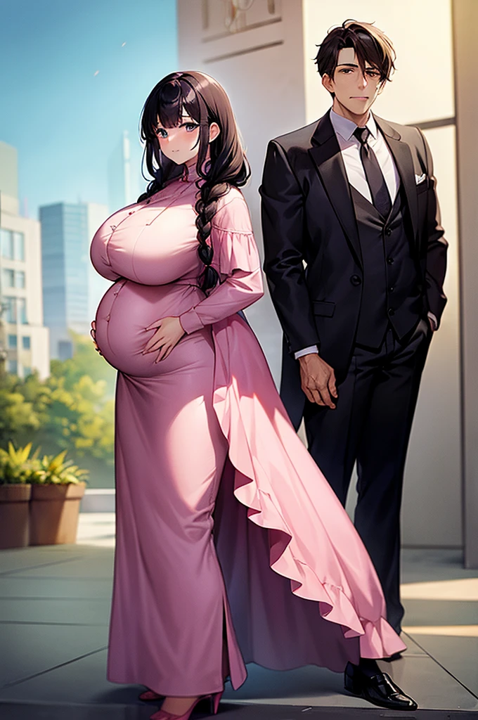 man with big pink hair in a suit and braid with a brunette woman with black hair and pregnant.