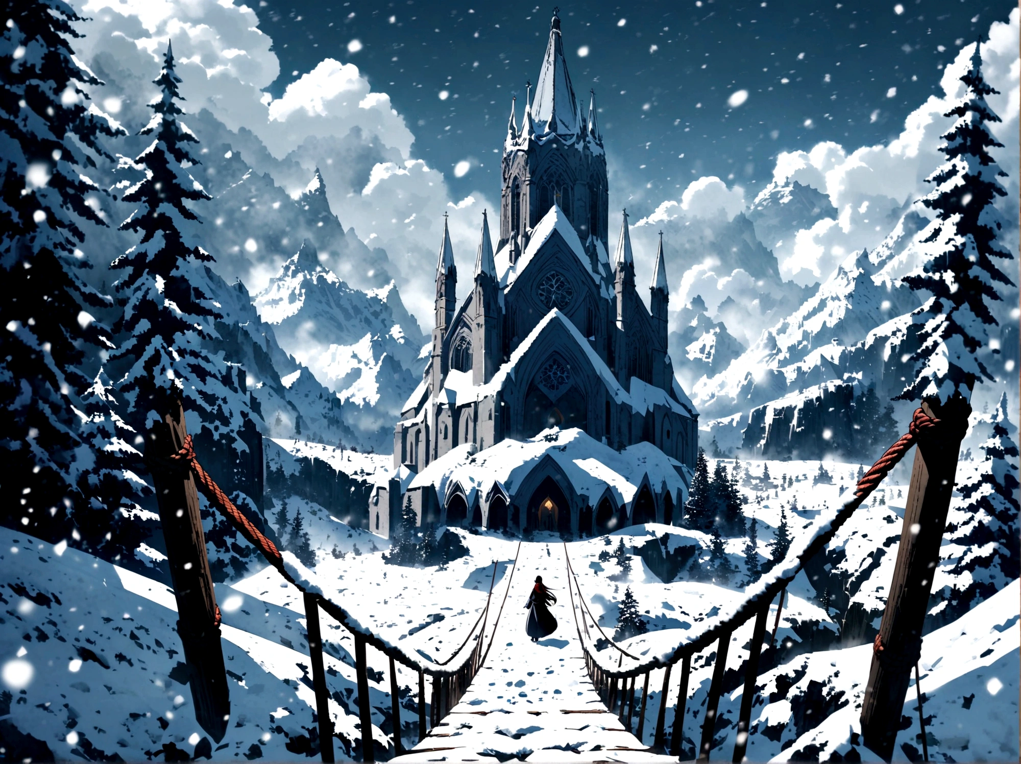 anime aestetic, winter time, icy canion, huge wide tree growing out of the horizontal wall, view from the rope bridge, gothic church on the top of the canion, snow falling, fantasy landscape, skies covered with grey clouds