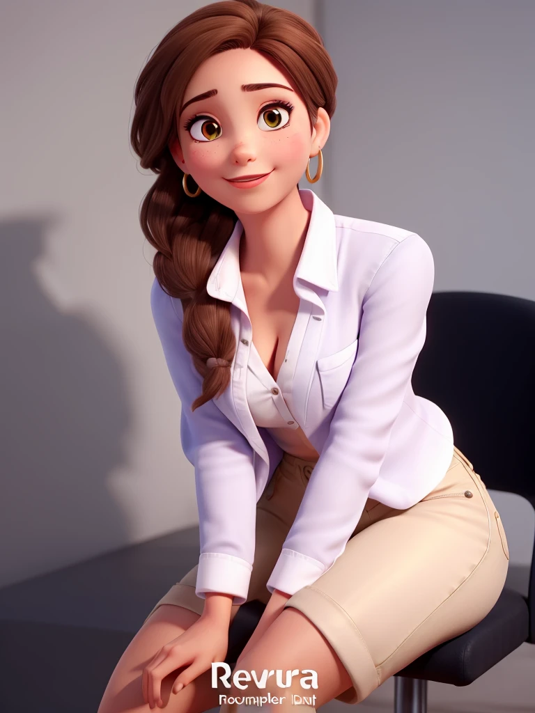Imagine uma personagem feminina animada chamada Aurora Arruda. She is a successful Brazilian businesswoman aged around 28 with peach skin and slightly rosy cheeks.. Aurora has large, light brown eyes that are expressive and flanked by long eyelashes.. Her brown hair is wavy, voluminous and fall gracefully to just below the shoulders. Ela tem um nariz pequeno e arredondado, and wears medium gold hoop earrings. Aurora displays a friendly smile with medium lips highlighted by discreet pink lipstick. His posture is confident and professional, apresentando um produto. She wears a blue button-down shirt with sleeves rolled up to the elbow and dark blue high-waisted jeans., complementadas por um cinto marrom com fivela dourada. To represent Aurora in different scenarios, keep the essential features of your face and hair consistent. As roupas, accessories, e a postura devem ser alterados para se adequar ao contexto, while facial expressions should reflect the desired emotion or action.