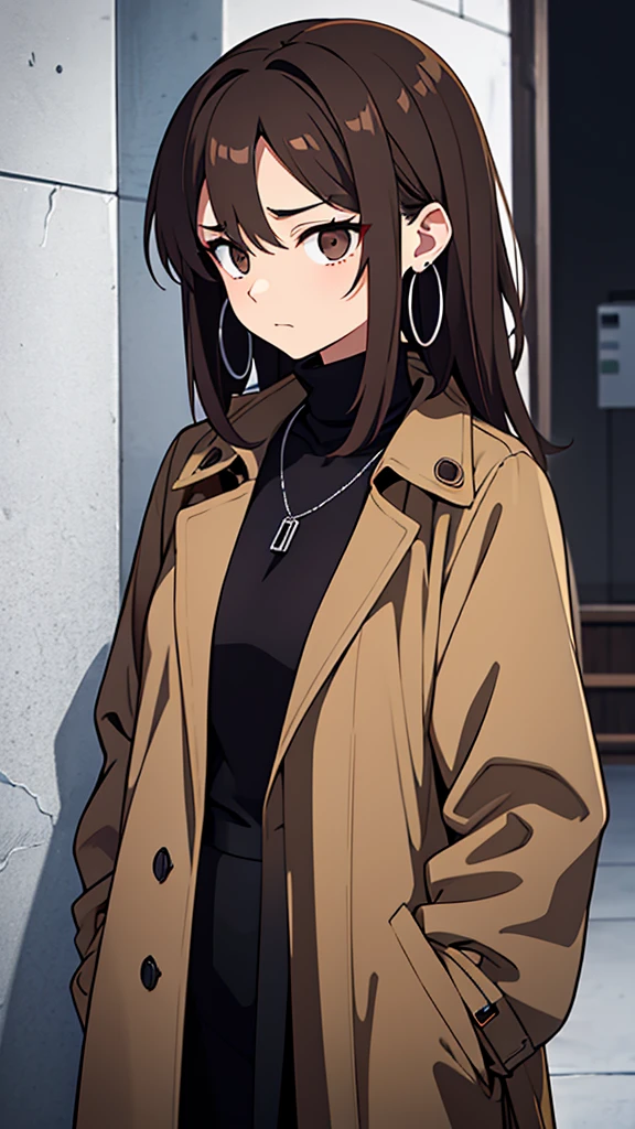 Korean adult woman, medium-length brown hair, grunge, ominous, dark aesthetic, black turtleneck, tan trench coat, silver necklaces, hoop earrings, 30-year-old, neutral expression, calm, expressionless