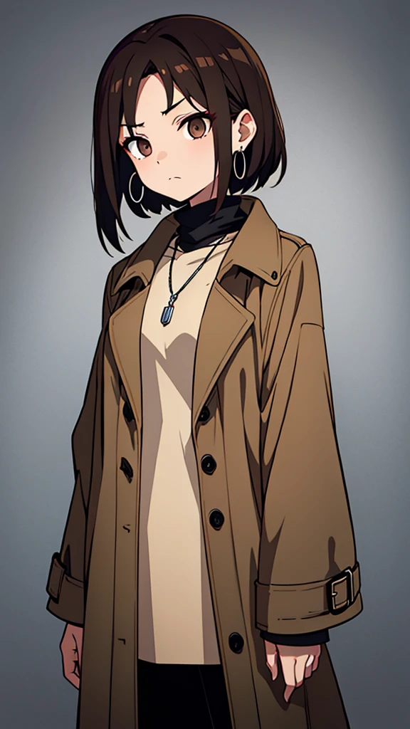 Korean adult woman, medium-length brown hair, grunge, ominous, dark aesthetic, black turtleneck, tan trench coat, silver necklaces, hoop earrings, 30-year-old, neutral expression, calm, expressionless