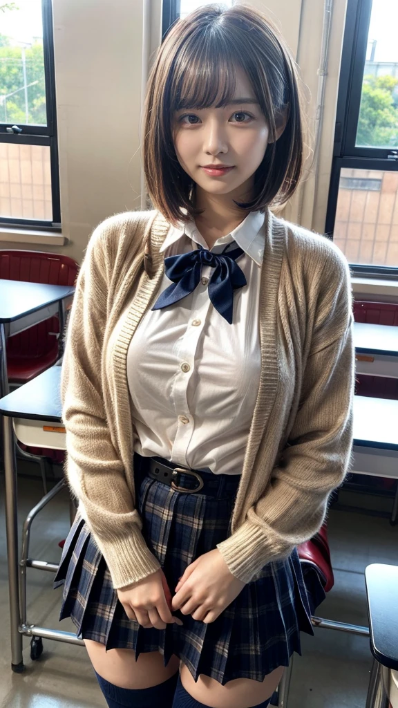 masterpiece, best quality, illustration, Super detailed, fine details, High resolution, 8K,wall paper, perfect dynamic composition,(Details High quality, realistic depiction of eyes:1.3), High School Classroom、High school girl uniform、Cardigan、Super Short Check Uniform Skirt、Navy blue high socks、garterbelts、Colossal tits、Disturbed uniform、short bob hair, black hair color, Big Natural Color Lip, bold sexy pose, (perfect body shape), crying a little、Harajuku style、20 year old girl、cute type, beautiful legs, hposing Gravure Idol, Voluptuous thighs