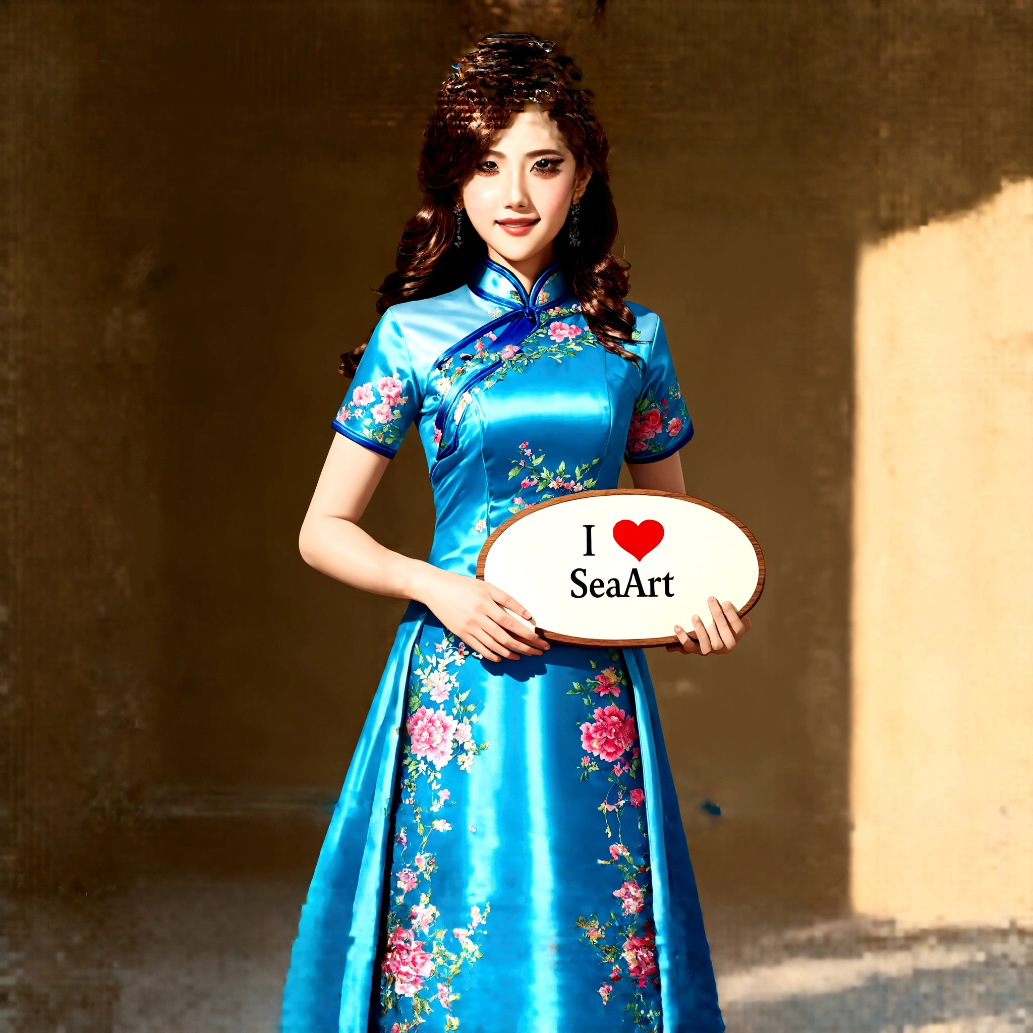 a beautiful detailed girl in a beautiful blue cheongsam dress, intricate floral patterns, elegant pose, holding a board on which "I love SeaArt" is written, serene expression, natural lighting, dramatic shadows, warm color palette, delicate fabric textures, ultra-detailed, 8k, high resolution, photorealistic, masterpiece