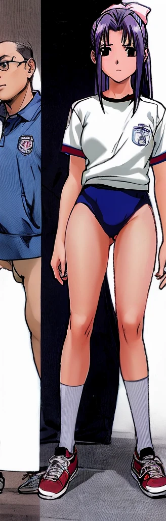 Momoko Koigakubo, a tall girl with beautiful legs, is standing with her legs spread to the sides in a white gym uniform and light navy blue bloomers that look like panties.。