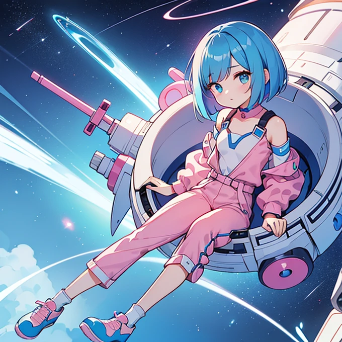 An android woman, flat chest, cute face, blue hair and blue eyes, bob cut hair, full body, thin waist, pink-light blue pants, wearing a pink-light blue shirt, blue shoes, perfect thighs, sfw, on a space station, sfw, space themed, android, hair has pink highlights