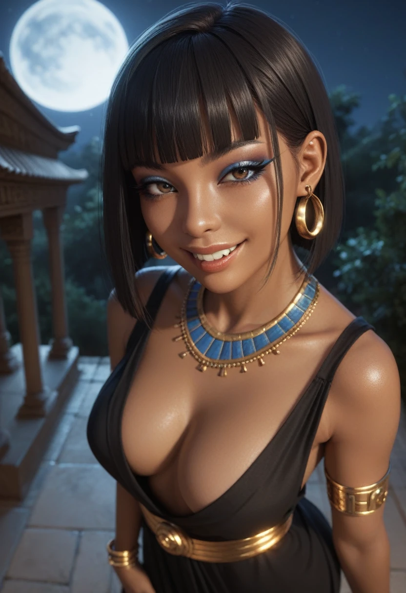 score_9, score_8_up, score_7_up, score_6_up, 1girl, solo, jewelry, rating: safe, brown_eyes, black_hair, lips, makeup, armlet, breasts, egyptian, egyptian_clothes, dark_skin, nose, earrings, gold, lipstick, cleavage, realistic, looking_at_viewer, medium_breasts, piercing, gyaru, blunt_bangs, bangs, bob_cut, long_fangs, (from_above:1.3), downblouse, dark, silk, black_robe, moonlight, temple, night, moon, (naughty_face:1.3), come_hither, seductive_smile, (aged_up:1.4)
