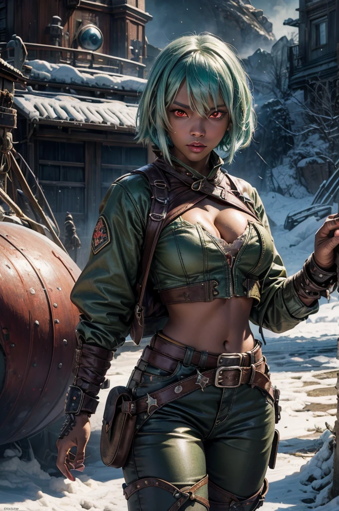 emeraldsustrai, emerald sustrai, short hair, (red eyes:1.5), (green hair), dark skin, dark-skinned female, navel, cleavage, midriff, belt, cleavage cutout, chaps, fighting pose, snow, ((broken suspension bridge, near old steam train)), post-apocalypse, dystopian future, crowd, (crowd in military uniforms), bonfires, (volumetric lighting),  intricate details, tonemapping, sharp focus, hyper detailed, (cowboy shot:1.5), BREAK (masterpiece:1.2), best quality, high resolution, unity 8k wallpaper, (illustration:0.8), (beautiful detailed eyes:1.6), extremely detailed face, perfect lighting, extremely detailed CG, (perfect hands, perfect anatomy),