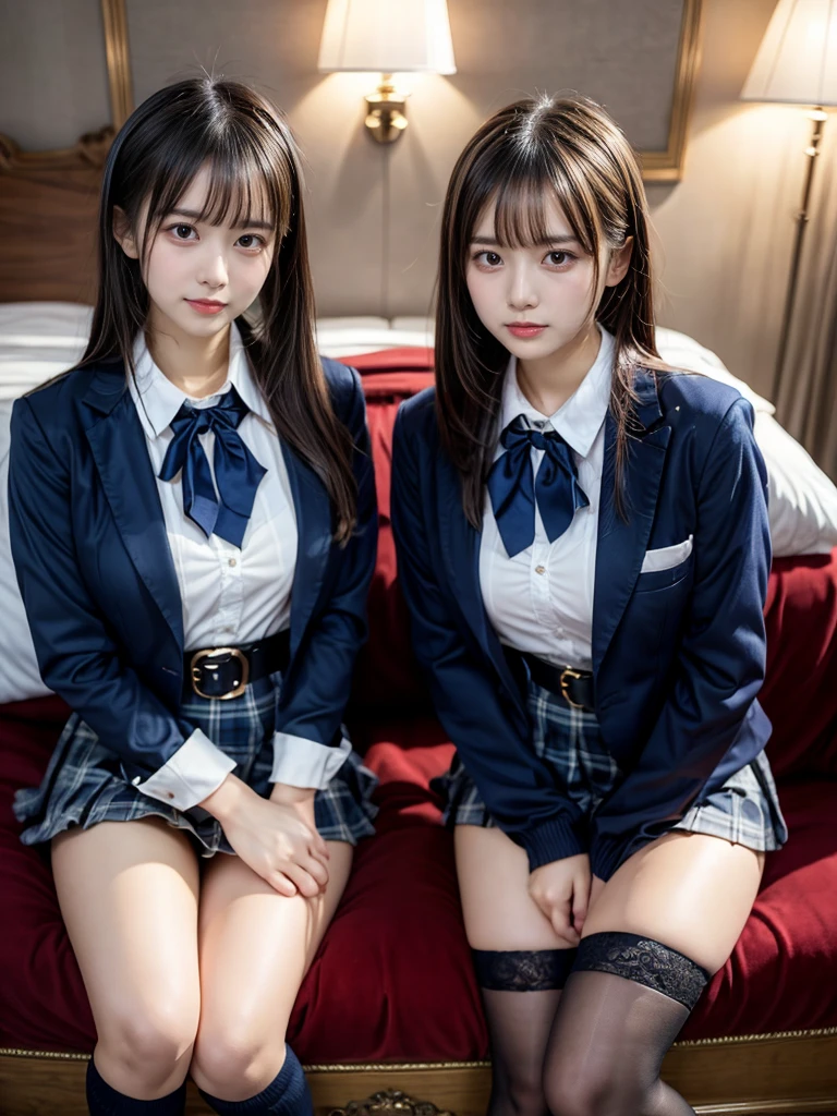 (8K, Raw photography, top-quality, masterpiece:1.2), master piece, best quality, illustration, Super detailed, fine details, High resolution, 8K,wall paper, perfect dynamic composition,(Details High quality, realistic depiction of eyes:1.3), ((2 girls, 2 schoolgirls)), The background is a luxury hotel room、High school girl uniform、blazer 、Super Short Check Uniform Skirt、Navy blue high socks、garterbelts、Colossal tits、Disturbed uniform, Play with each other,Touching each other's bodies,Touching the body of the girl next door, short bob hair, black hair color, huge breasts, Big Natural Color Lip, bold sexy pose, (perfect body shape), crying a little、Beautiful makeup,glitter makeup,Cutest 18 years old, beautiful legs, hposing Gravure Idol, Voluptuous thighs
