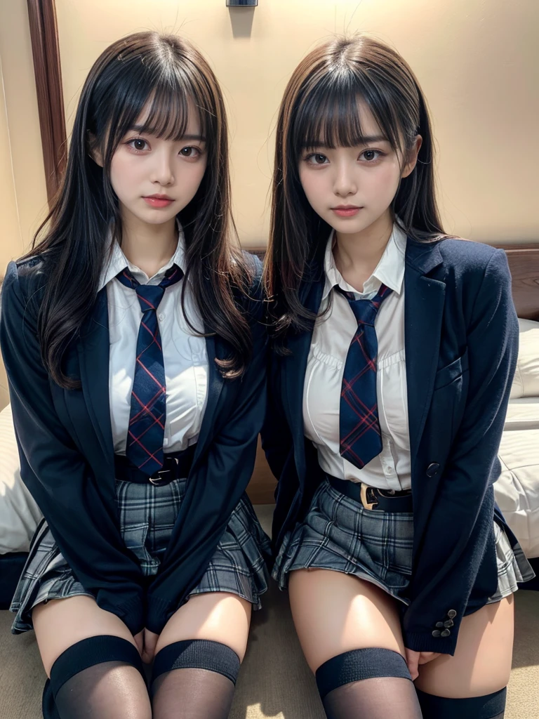 (8K, Raw photography, top-quality, ​masterpiece:1.2), master piece, best quality, illustration, Super detailed, fine details, High resolution, 8K,wall paper, perfect dynamic composition,(Details High quality, realistic depiction of eyes:1.3), ((2 girls, 2 schoolgirls)), The background is a luxury hotel room、High school girl uniform、blazer 、Super Short Check Uniform Skirt、Navy blue high socks、garterbelts、Colossal tits、Disturbed uniform, Play with each other,Touching each other's bodies,Touching the body of the girl next door, short bob hair, black hair color, huge breasts, Big Natural Color Lip, bold sexy pose, (perfect body shape), crying a little、Beautiful makeup,glitter makeup,Cutest 18 years old, beautiful legs, hposing Gravure Idol, Voluptuous thighs