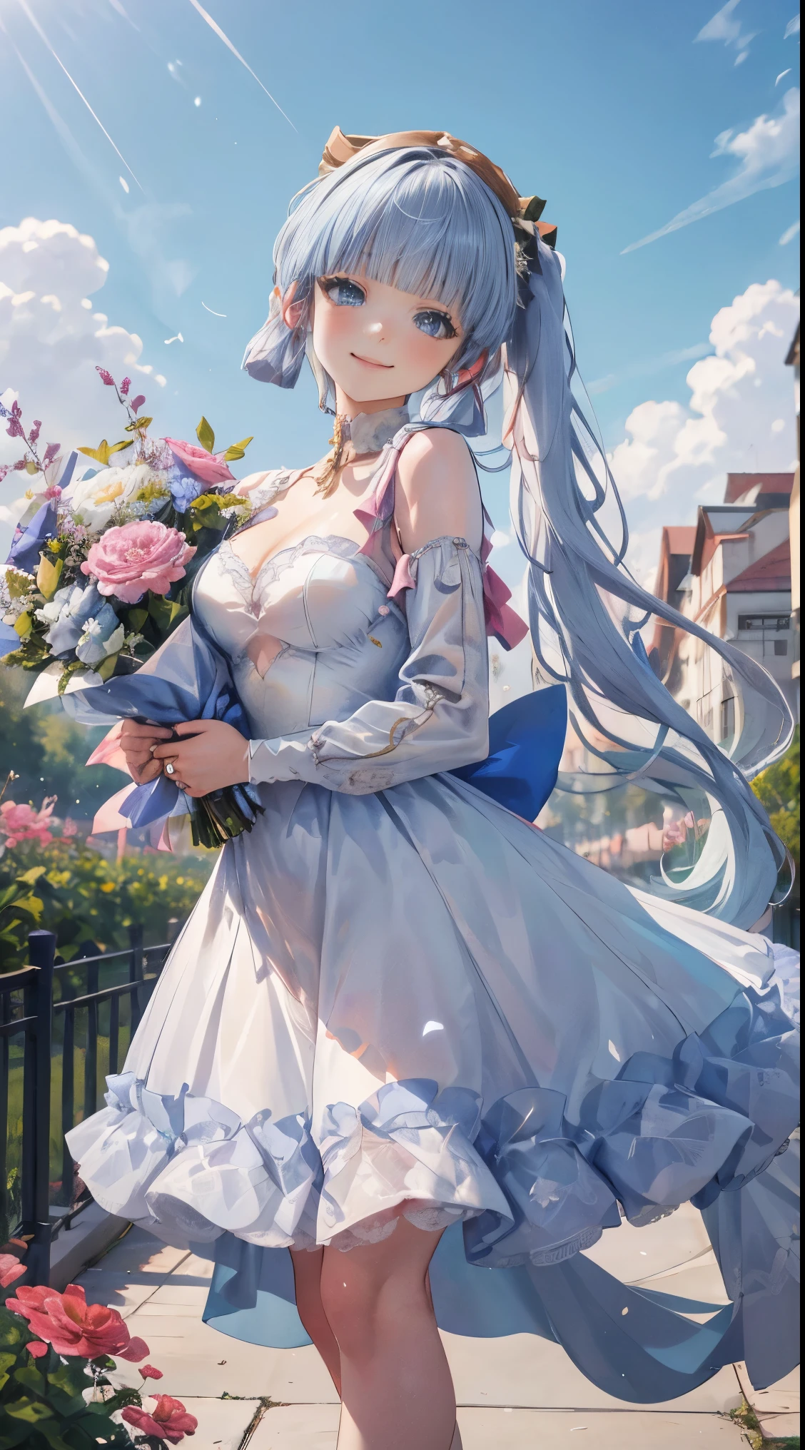 kamisato ayaka|genshin impact, master-piece, bestquality, 1girls,25 years old, proportional body, elongated legs, Beautiful, proportional, Wedding Dresses, White Wedding Dress, Long skirt, wedding, mediuml breasts, ,bara, Standing in the middle of a flower garden, outdoor, wedding, The sky is beautiful, Both hands hold a bouquet of flowers......, View viewers from the front., Thigh strap, Head tilt, bored, 10, 10, HD, slight smile,