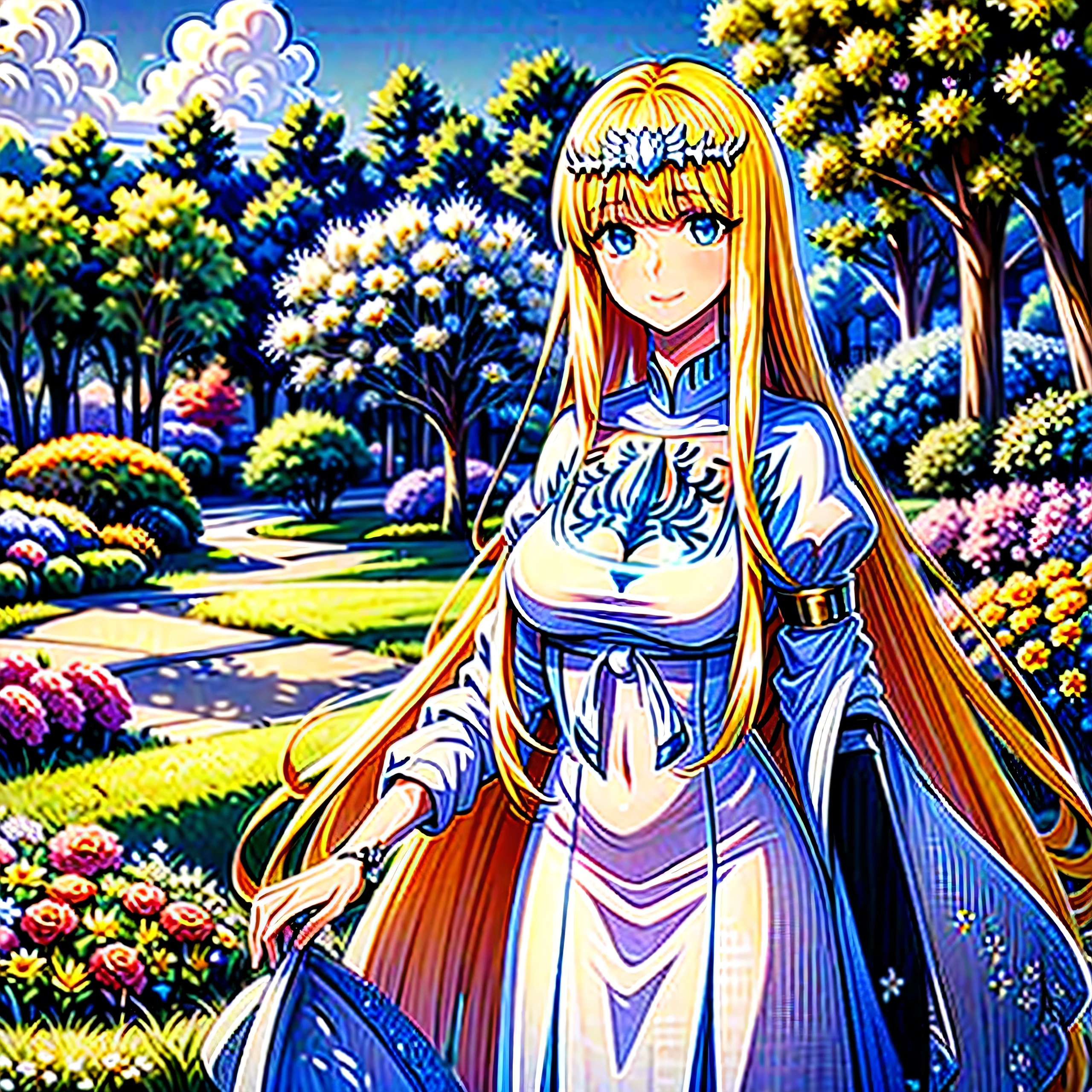 absurderes, A high resolution, (offcial art, Beautiful and aesthetic:1.2), (Close view:1.2), front composition,
Smile, (Spread throughout the garden:1.6), (flower effect:1.2), (florist background:1.2), (Background full of flowers:1.4), (ornate backdrop:1.1),, ,1girl, solo, Calca, Calca Bessarez, blonde hair, (extremely long hair:1.3), very long hair, white tiara, white dress, blue eyes, medium chest, extremely long hair, medium breast