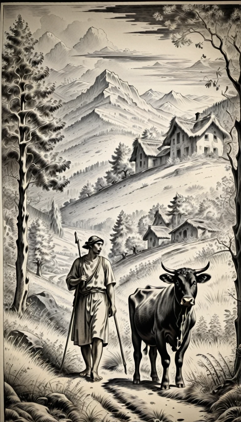 Shepherd with a cow, Forest and mountains in the background, black ink 