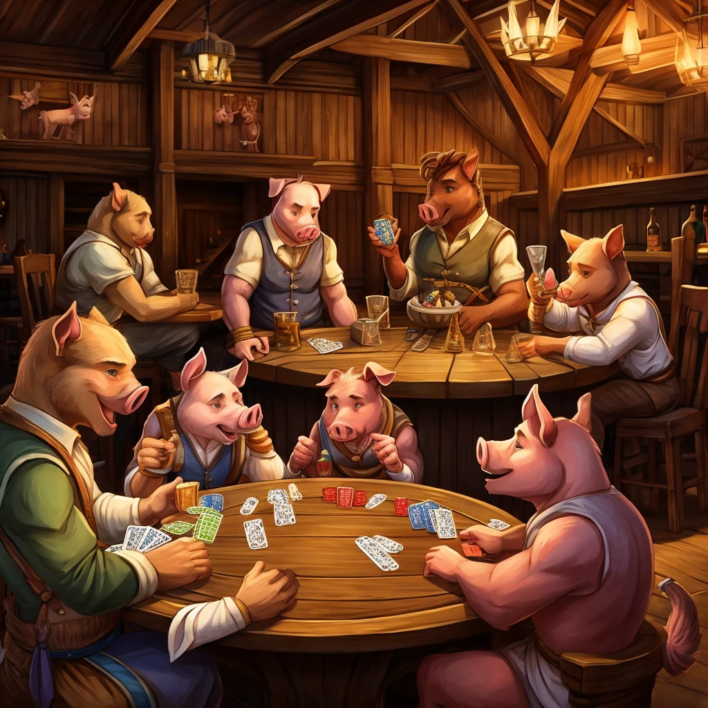 Round tabula style tavern with 4 Pigs of different colors. they're having fun., drinking and playing magic the gathering.