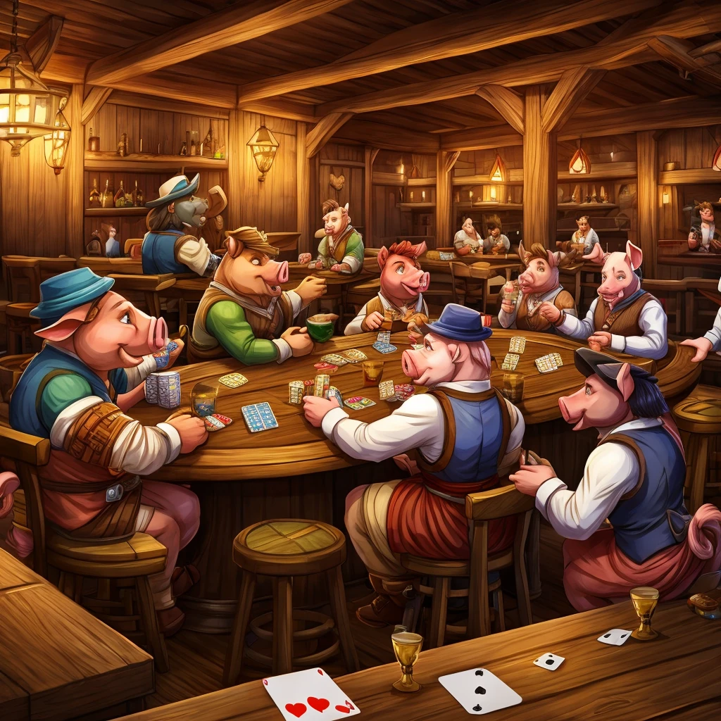 Round tabula style tavern where the participants are 4 pigs of different colors. they're having fun., drinking and playing cards.
