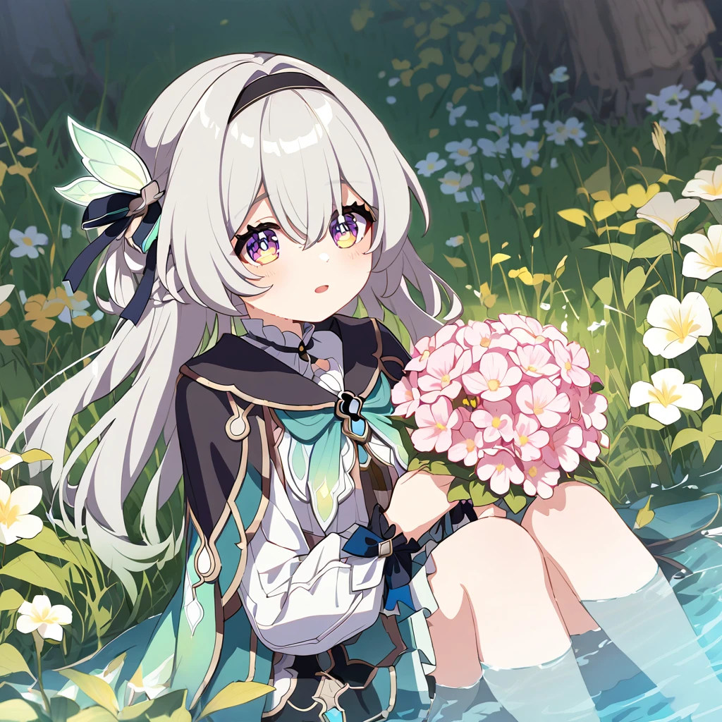 firefly \(honkai: star rail\),a little girl is sitting by the water in a field, holding a bouquet of flowers in her hands