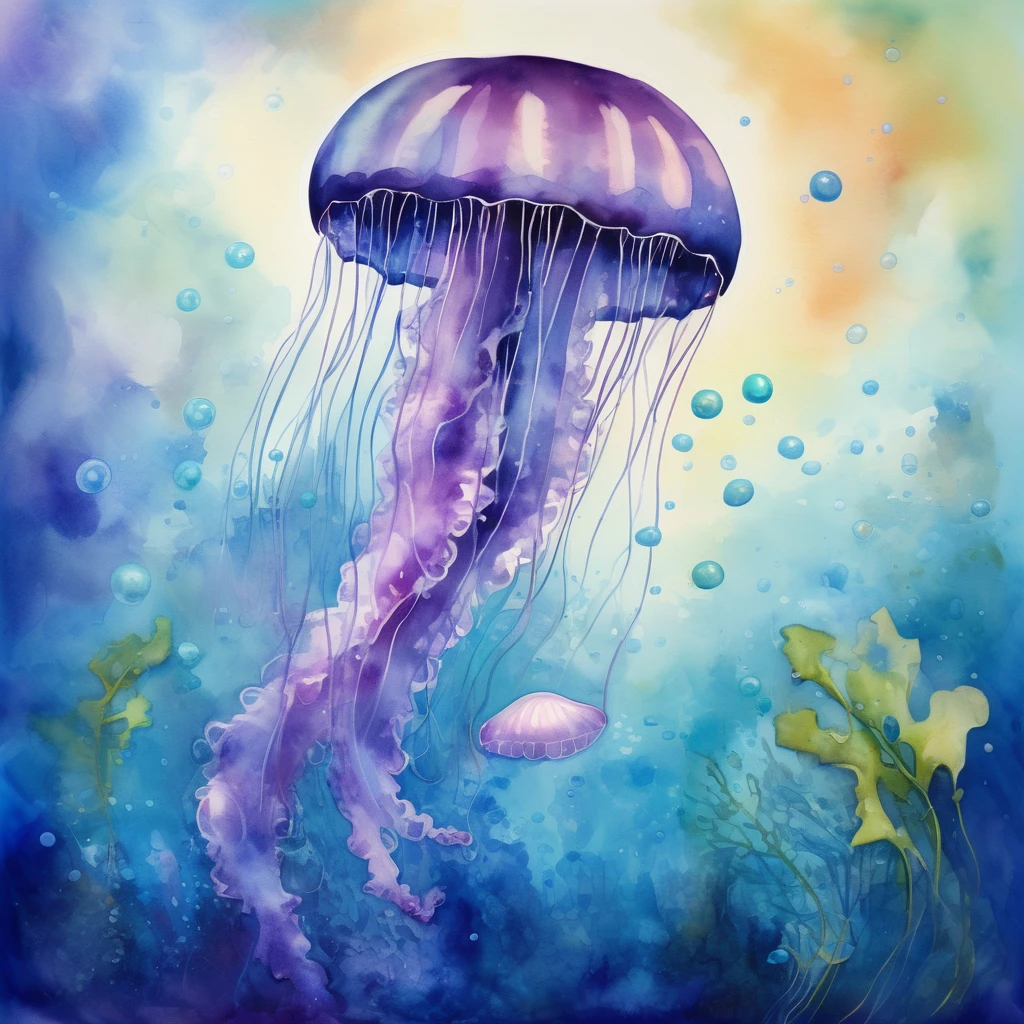 Create a new oil and watercolor painting of a jellyfish in the sea. Jellyfish have colors that transition from blue to purple, with bubbles around. The scene shows the jellyfish floating gracefully in the crystal clear water, with realistic details in the textures of bubbles and tentacles. The seabed must be subtly illuminated, giving a mysterious and serene tone to the scene. Use a soft color palette to capture the beauty and tranquility of the ocean.