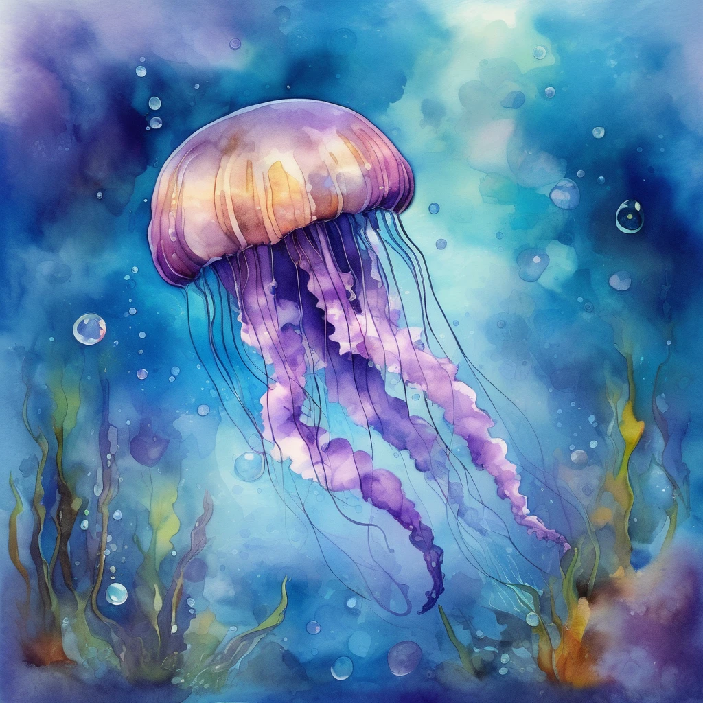 Create a new oil and watercolor painting of a jellyfish in the sea. Jellyfish have colors that transition from blue to purple, with bubbles around. The scene shows the jellyfish floating gracefully in the crystal clear water, with realistic details in the textures of bubbles and tentacles. The seabed must be subtly illuminated, giving a mysterious and serene tone to the scene. Use a soft color palette to capture the beauty and tranquility of the ocean.