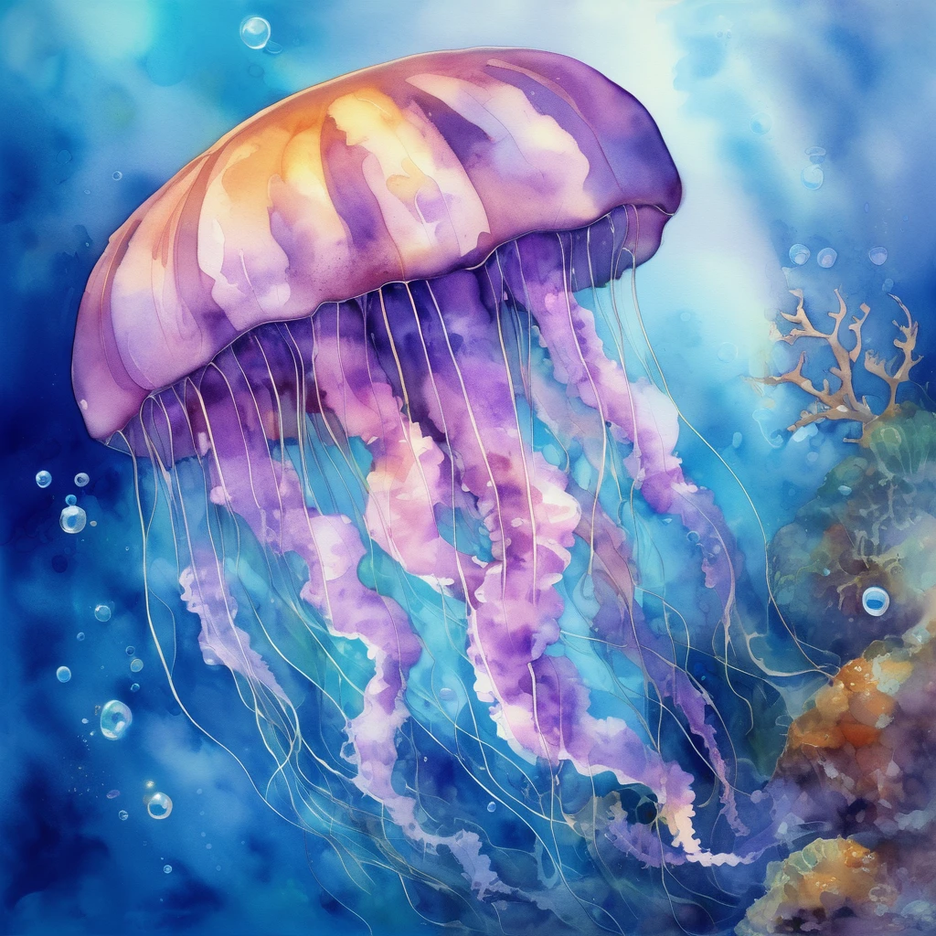 Create a new oil and watercolor painting of a jellyfish in the sea. Jellyfish have colors that transition from blue to purple, with bubbles around. The scene shows the jellyfish floating gracefully in the crystal clear water, with realistic details in the textures of bubbles and tentacles. The seabed must be subtly illuminated, giving a mysterious and serene tone to the scene. Use a soft color palette to capture the beauty and tranquility of the ocean.