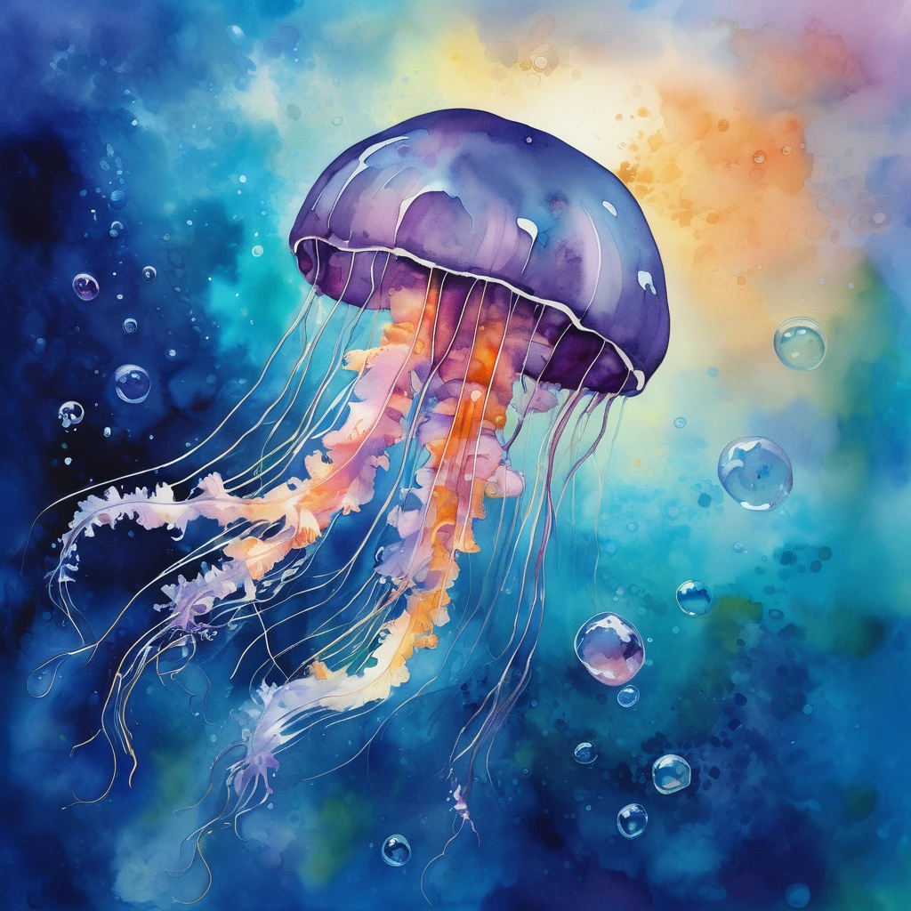 Create a new oil and watercolor painting of a jellyfish in the sea. Jellyfish have colors that transition from blue to purple, with bubbles around. The scene shows the jellyfish floating gracefully in the crystal clear water, with realistic details in the textures of bubbles and tentacles. The seabed must be subtly illuminated, giving a mysterious and serene tone to the scene. Use a soft color palette to capture the beauty and tranquility of the ocean.