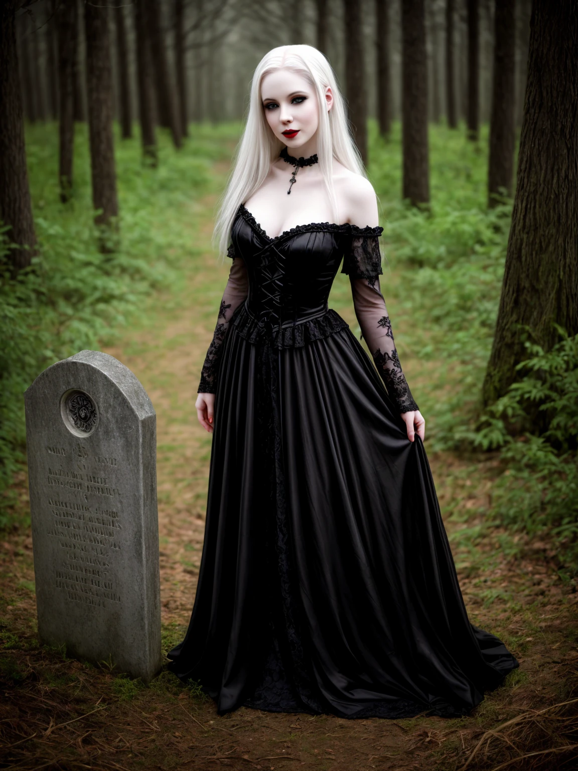 female sexy vampire|albino, pale porcelain skin, sexy vintage black dress, smile, shallow depth of field, grin|creepy, nightfall, detailed face, night, wide hips, narrow waist, portrait of woman standing, detailed eyes, portrait of woman standing, 8k RAW photo, highest quality, looking at the viewer, best shadow, intricate details, long hair, bright eyes, forest, grave, gothic, goth detailed, highres, high qualilty, high saturation