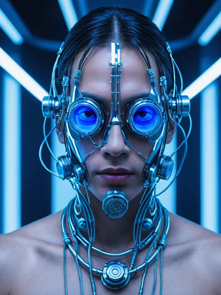 A high-resolution image of a man transformed into a cyborg, featuring a full head gas mask. His skin is complex, adorned with wires, fuses, and transparent blue liquid pipes running through it. His eyes emit a vivid purple glow, shining through the mask’s eye openings. His long hair is braided intricately, with strands of chrome woven into the braids, adding a metallic sheen. His skeletal structure is partially visible, with bones made of quartz and crystal, refracting light and adding a translucent quality. The background is a futuristic lab, dimly lit with a cold, industrial ambiance. The lighting highlights the reflective surfaces and the glowing elements, creating a striking contrast against the darker surroundings. The overall effect is a blend of advanced technology and natural elements, showcasing the fusion of human and machine.
The background is a dimly lit, industrial setting with hints of metallic surfaces and shadows, creating a foreboding atmosphere. The lighting is low and directional, casting subtle highlights on the gas mask and his damp hair, while leaving parts of his face in shadow, enhancing the dramatic effect. There is a faint mist or smoke in the air, adding depth and texture to the scene. The overall ambiance is one of mystery and intensity, with a slightly dystopian feel.