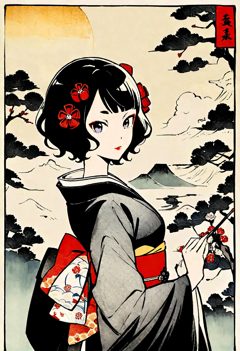 Kimono, ink painting, peonies, flower tattoo on shoulder, short hair, girl with Japanese painting, Katsushika Hokusai, delicate and detailed, Niou statue in background, modern Ukiyo-e style,
