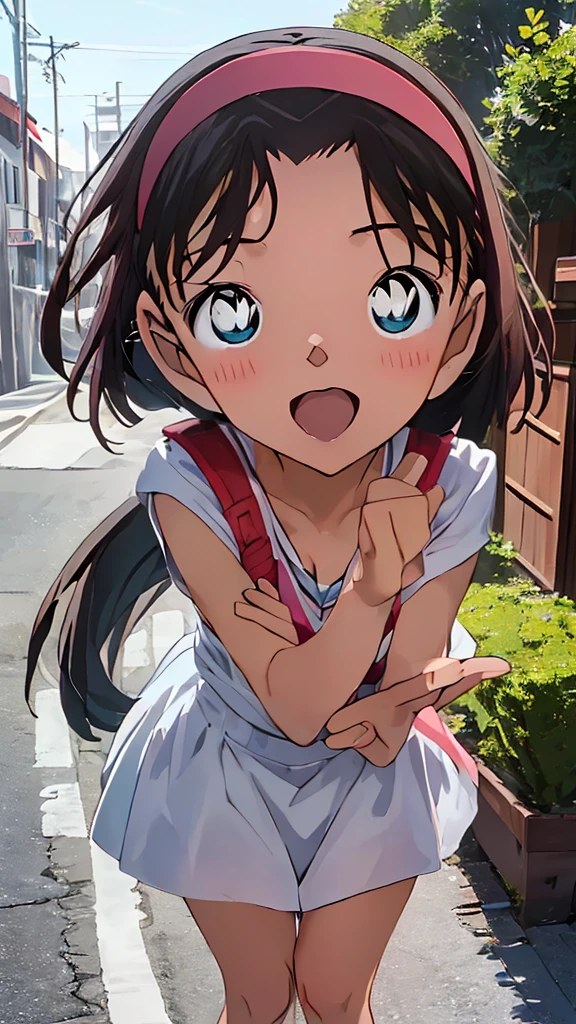 Browsing Caution、（Large Breasts：1.5）(((Pink Panties）））,
Yoshida Ayumi,One girl，、Brown Hair，short hair，，blue eyes、Red headband、Show Viewer，Japanese-made backpacks for elementary se，Blush and laugh、blush，in doors, clavicle，door、blue sky，White cloud,outdoor、street、Burning a masterpiece,8k unity wallpaper、Anime key visual、Highest quality，High resolution，Unity 8k wallpaper shape:0.8),Anime Coloring,highly Detailed face、Fine grain、Growing Eyes、Shiny skin、Fine skin、White skin、dense skin、Detailed Hair、Very elaborate legs、Perfect lighting，Detailed CG,Detailed skin、Detailed face、Fine grain、Glowing Eyes、dense skin、Shiny skin、(Perfect hands，Perfect Anatomy）,High resolution（Detailed Friction）,Thin limbs，Delicate curves、Graceful Hands、shape:0.8、Open your mouth wide、Extend tongue from mouth、Put your hands over your mouth、Close-up of face、The camera is very close to your face