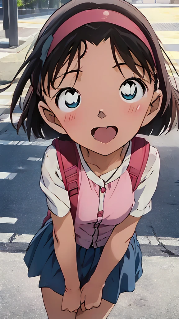 Browsing Caution、（Large Breasts：1.5）(((Pink Panties）））,
Yoshida Ayumi,One girl，10 years old、Brown Hair，short hair，，blue eyes、Red headband、Show Viewer，Japanese-made backpacks for elementary school students，Short sleeve，Blush and laugh、blush，in doors, clavicle，door、blue sky，White cloud,outdoor、street、Burning a masterpiece,8k unity wallpaper、Anime key visual、Highest quality，High resolution，Unity 8k wallpaper shape:0.8),Anime Coloring,highly Detailed face、Fine grain、Growing Eyes、Shiny skin、Fine skin、White skin、dense skin、Detailed Hair、Very elaborate legs、Perfect lighting，Detailed CG,Detailed skin、Detailed face、Fine grain、Glowing Eyes、dense skin、Shiny skin、(Perfect hands，Perfect Anatomy）,High resolution（Detailed Friction）,Thin limbs，Delicate curves、Graceful Hands、shape:0.8、Open your mouth wide、Extend tongue from mouth、Put your hands over your mouth、Close-up of face、The camera is very close to your face