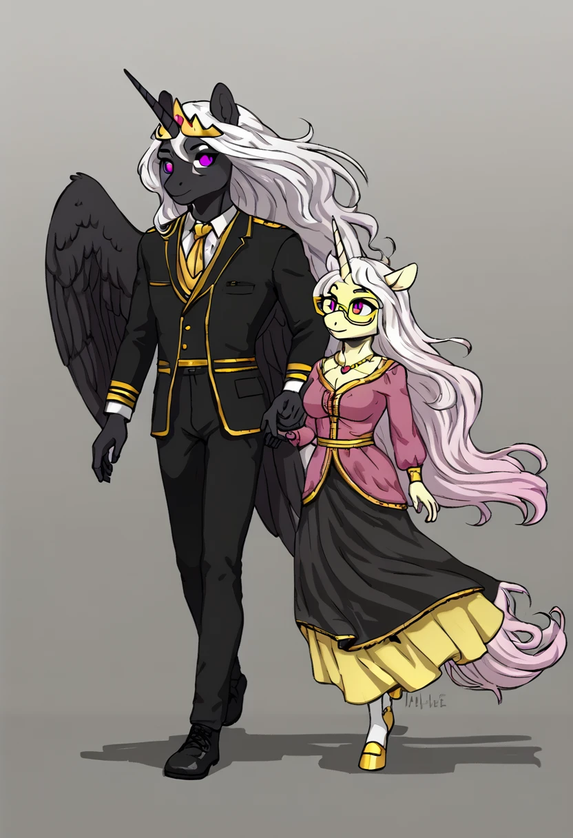  Alicorn princess   , white mane, ,black fur   color  long flowing  mane pink  eyes anthro clothing,yellow glasses, holding fillies hand, walking home