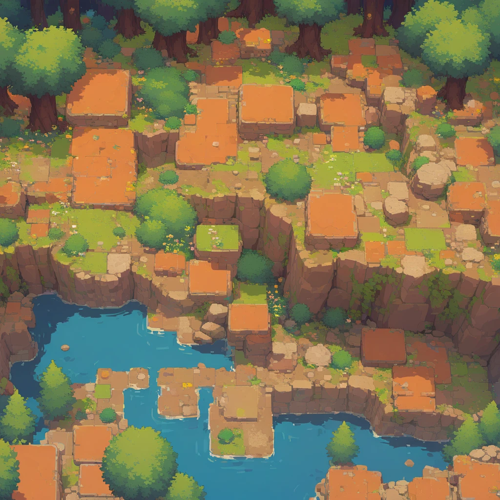 retro video game style,pixelated graphics,vibrant colors,8-bit characters,blocky shapes,sharp lines,detailed shading,classic gaming vibe,nostalgic atmosphere,classic arcade games,masterpiece:1.2,ultra-detailed,illustration style, 2d texture, clay texture, stone texture, 4 k seamless mud texture, video game texture, dirt texture, tileset, game tiles, clay material, flat texture, grass, trees, rock texture, rocky ground, forest, topdown view, game texture, game art, ground very detailed, dirt, floor texture, tileable texture, flowers, bushes, shrubs, intricate ground stone, top down view, 3/4th perspective