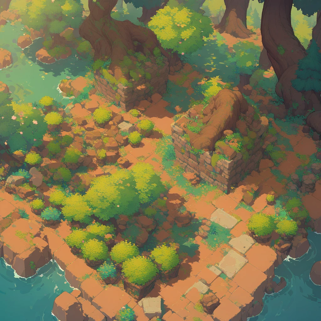 retro video game style,pixelated graphics,vibrant colors,8-bit characters,blocky shapes,sharp lines,detailed shading,classic gaming vibe,nostalgic atmosphere,classic arcade games,masterpiece:1.2,ultra-detailed,illustration style, 2d texture, clay texture, stone texture, 4 k seamless mud texture, video game texture, dirt texture, tileset, game tiles, clay material, flat texture, grass, trees, rock texture, rocky ground, forest, topdown view, game texture, game art, ground very detailed, dirt, floor texture, tileable texture, flowers, bushes, shrubs, intricate ground stone, top down view, 3/4th perspective