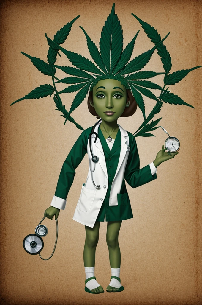 Marijuana leaf with eyes, boca, hands and feet dressed as a doctor and with a stethoscope on her shoulders.