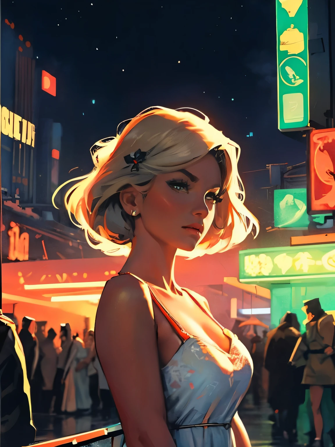 old retro poster, USSR, cyber city ,((at night)). Neon, photo shoot, 1 ultra hot gorgeous woman. Age 23. Happy. short white wavy hair, expressive breasts, in a white sundress with a pattern of flowers on fabric, fashionista, 80s, hd