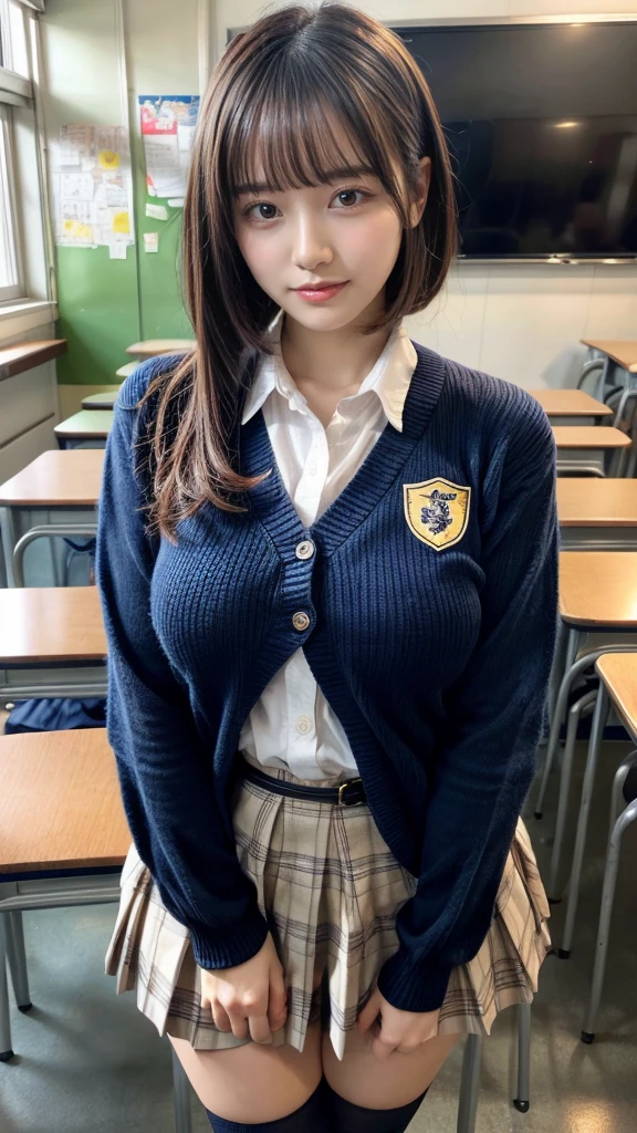 masterpiece, best quality, illustration, Super detailed, fine details, High resolution, 8K,wall paper, perfect dynamic composition,(Details High quality, realistic depiction of eyes:1.3), High School Classroom、High school girl uniform、Cardigan、Super Short Check Uniform Skirt、Navy blue high socks、garterbelts、Colossal tits、Disturbed uniform、short bob hair, black hair color, Big Natural Color Lip, bold sexy pose, (perfect body shape), crying a little、Harajuku style、20 year old girl、cute type, beautiful legs, hposing Gravure Idol, Voluptuous thighs