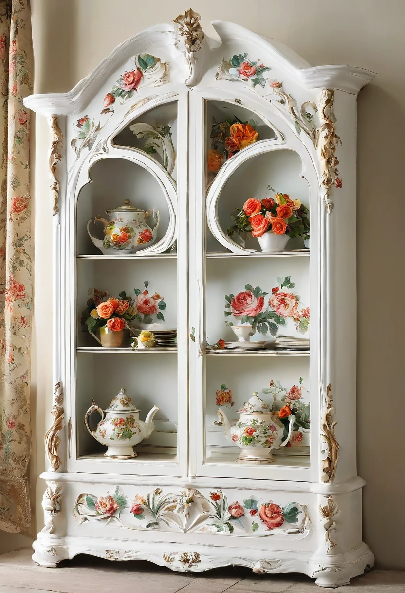 A beautiful white bookcase covered in Rosemaling designs.