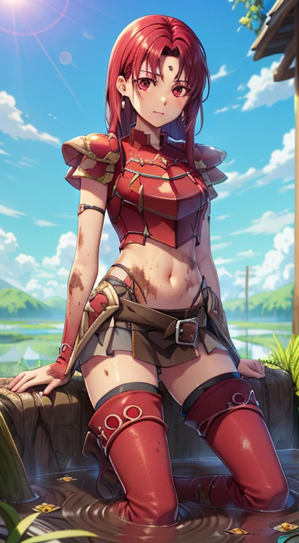 masterpiece, Best qualityquality,masterpiece, Best quality,quality, Lady, Circlet, Earrings, armor, Elbow hand pockets,Thigh-high boots, Best qualityquality,  abdomen, abdomen, Long and thin navel,Thighs,(In the muddy swamps、Boots are stained with mud)、covered with a lot of mud、Mud flows down the body、(The skin is covered with mud)、(The skin is covered with mud)、(Lower body stained with mud)、Falling into the mud, 泥に染まったarmor