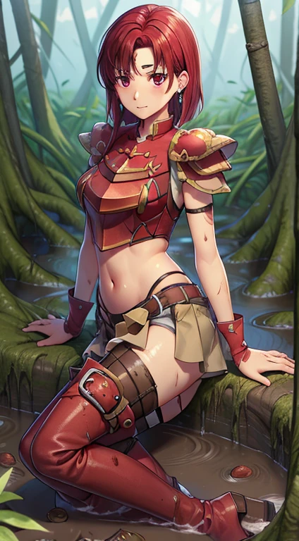 masterpiece, Best qualityquality,masterpiece, Best quality,quality, Lady, Circlet, Earrings, armor, Elbow hand pockets,Thigh-high boots, Best qualityquality,  abdomen, abdomen, Long and thin navel,Thighs,(In the muddy swamps、Boots are stained with mud)、covered with a lot of mud、Mud flows down the body、(The skin is covered with mud)、(The skin is covered with mud)、(Lower body stained with mud)、Falling into the mud, 泥に染まったarmor