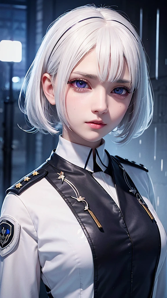 Beautiful girl, innocent, perfect face, white hair, white eyebrow, white eyelash, albino, short hair, detailed violet eyes, futuristic military uniform, crying on the rain, dynamic lighting