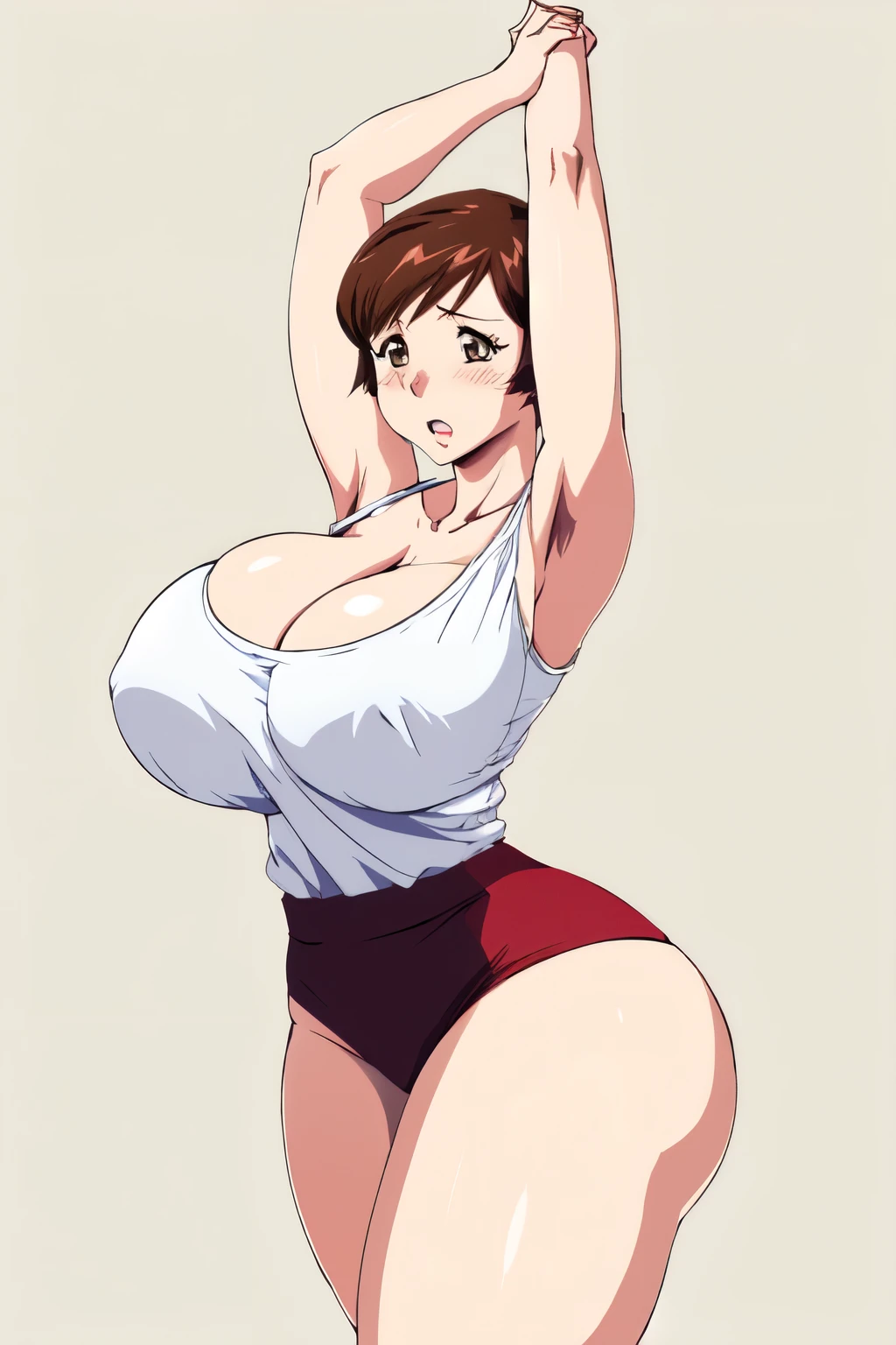 masterpiece, highest quality, High resolution, One girl, alone, sexual intercourse, Pornographic images, short hair, etsukoto, Brown eyes, fine grain, fine grain, (((Thick thighs, Plump thighs, Voluptuous thighs, Thighs alone are enough))), Huge and ample breasts, Cleavage, Huge long breasts, Naughty big,((Big breasts are important))、((Naughty thighs)), L Cup, (thin:1.4),(Tight waist:1.4),  (((white gym shirt, red buruma))), anguish, :o, blush, (((Simple Background))), ((Wide Hips)), Shiny, Oily skin, Mature mother, Calf, Seductive mature woman, Perfect body, Plus Size Model, curvy, ample, etsukoto, blush, clavicle, retro artstyle, 1990s (style), (thick thighs:1.4), (((bursting thigh))), stretching, arms up, from side,