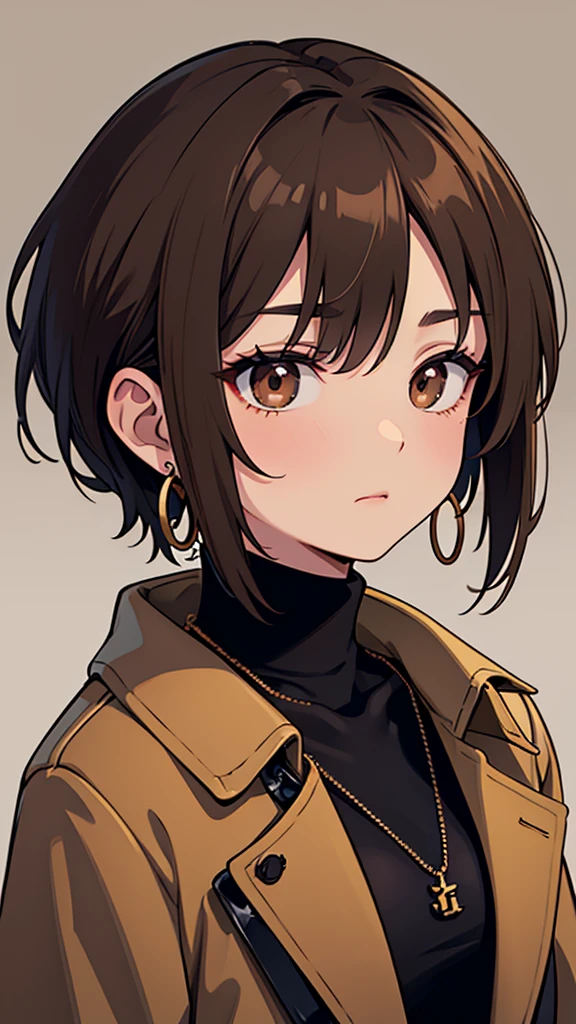 Korean adult woman, medium-length brown hair, grunge, ominous, dark aesthetic, black turtleneck, tan trench coat, necklaces, hoop earrings, 30-year-old, neutral expression, calm, expressionless