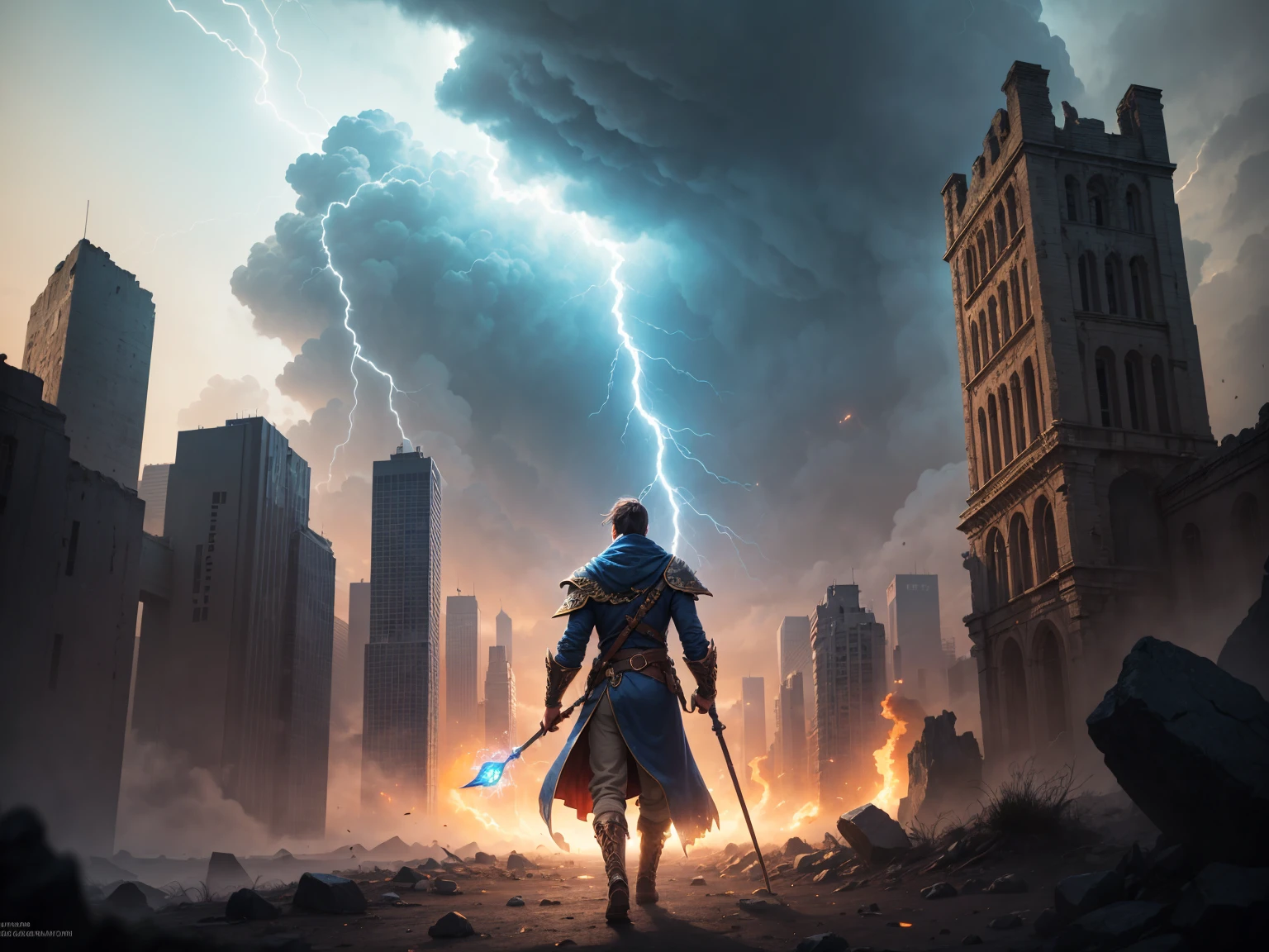 lightning wizard, blue light, staff, five fingers, lightning spell, lightning magic, doomsday, ruins, shadows, adventure, exploration, escape, independence, survival, resourcefulness, challenge, perseverance, endurance, observation, intuition, adaptability, creativity, imagination, artistry, awe, wonder, epic fantasy art