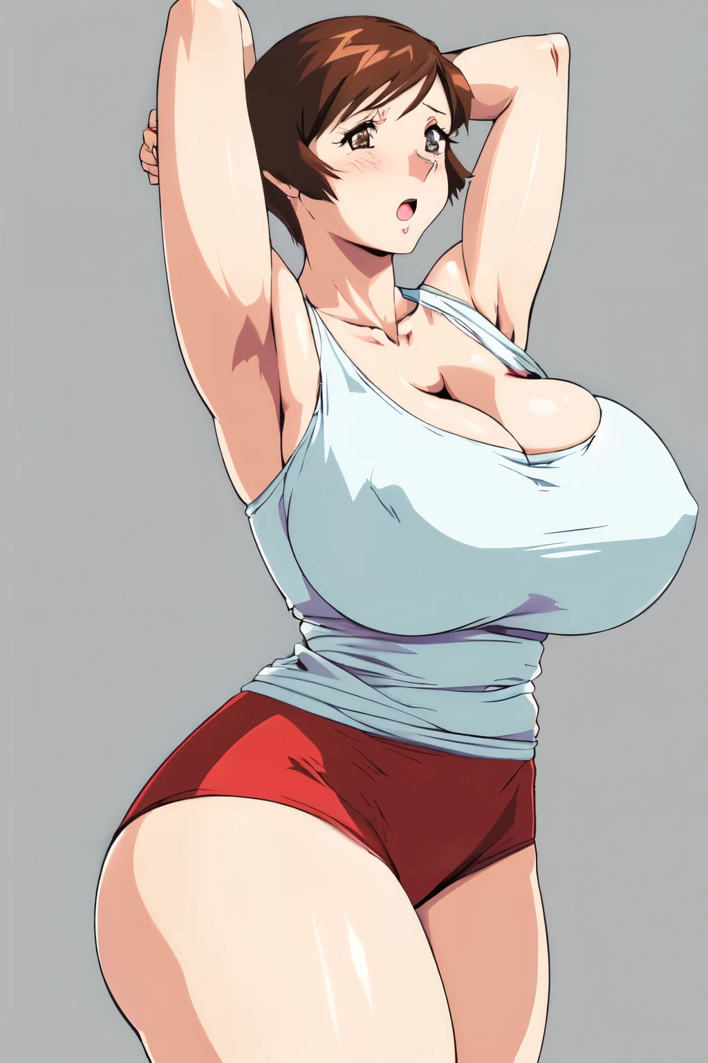 masterpiece, highest quality, High resolution, One girl, alone, sexual intercourse, Pornographic images, short hair, etsukoto, Brown eyes, fine grain, fine grain, (((Thick thighs, Plump thighs, Voluptuous thighs, Thighs alone are enough))), Huge and ample breasts, Cleavage, Huge long breasts, Naughty big,((Big breasts are important))、((Naughty thighs)), L Cup, (thin:1.4),(Tight waist:1.4), (((white gym shirt, red buruma))), anguish, :o, blush, (((Simple Background))), ((Wide Hips)), Shiny, Oily skin, Mature mother, Calf, Seductive mature woman, Perfect body, Plus Size Model, curvy, ample, etsukoto, blush, clavicle, retro artstyle, 1990s (style), (thick thighs:1.4), (((bursting thigh))), stretching, arms up, from side,