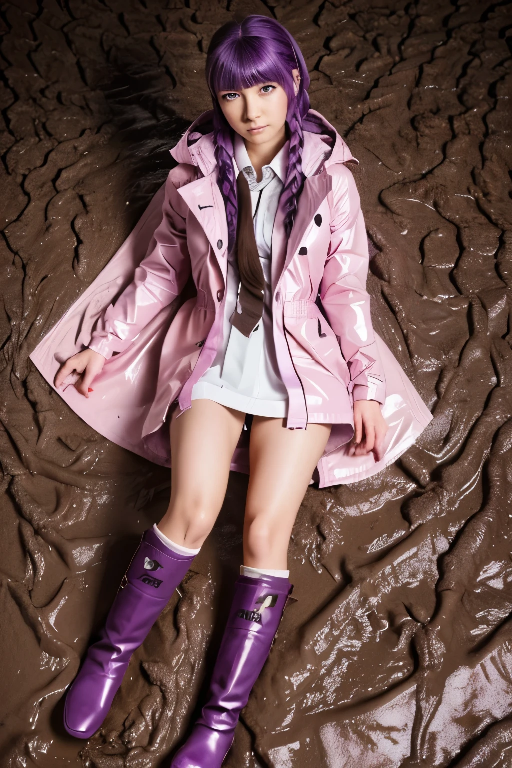 (1girl, kirigiri kyoko, danganronpa), masterpiece, best quality, 8K, ultra-detailed, laying in bed, sheets, embarrassed face, blush (((light pink raincoat))), (((buttoned raincoat))), (shiny raincoat), hooded raincoat, wearing hood, ((((covered in mud)))), mud dripping, muddy raincoat, muddy clothes, mud drops, mud splatters, mud smears, Kyoko, purple eyes, purple hair, long hair, braid, black gloves, purple jacket, purple skirt, brown necktie, white shirt, boots