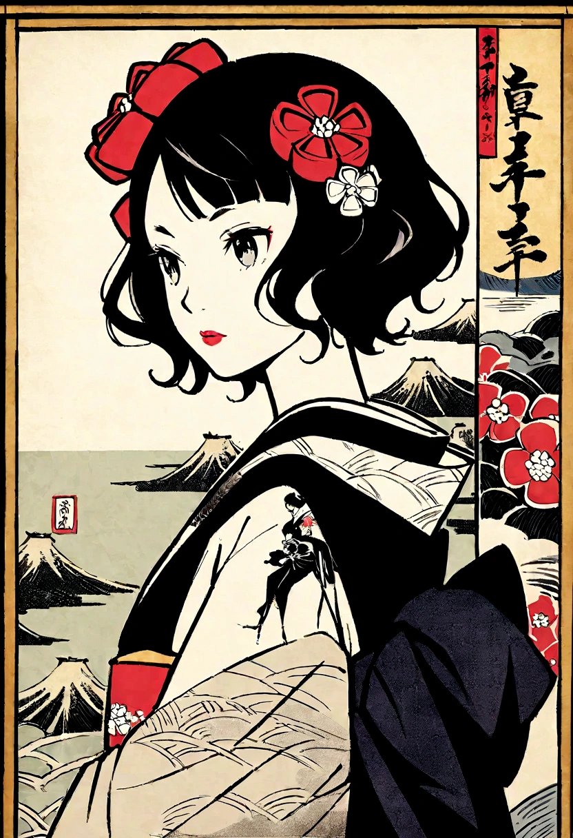 Kimono, ink painting, Polar wife, flower tattoo on shoulder, short hair, girl with Japanese painting, Katsushika Hokusai, delicate and detailed, Niou statue in background, modern Ukiyo-e style,