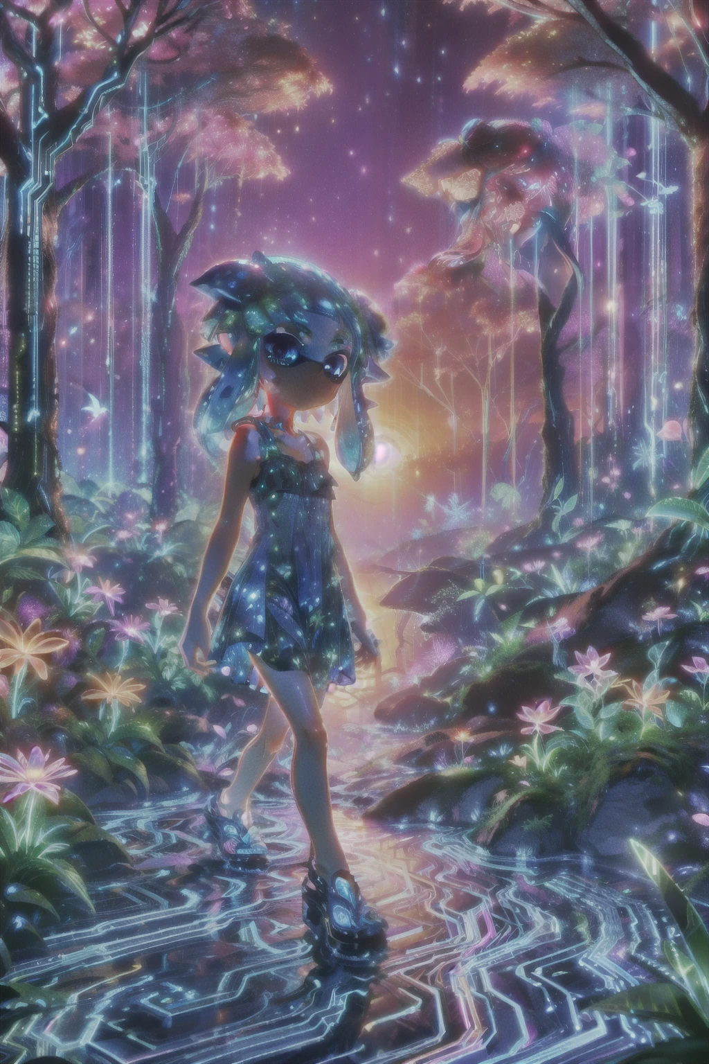 (Shine:1.1),Fantasy,colorful,Watercolor illustration of a dreamy Splatoon girl in a sundress,Walking through a wildflower field at sunset, Tentacle hair with glowing veins、Shine金色の瞳と優しい笑顔を持つ10代の少女のアニメ風の肖像画,
Highest quality,masterpiece,Ultra-high resolution,Cybosenrin, Real Anime、3d、
