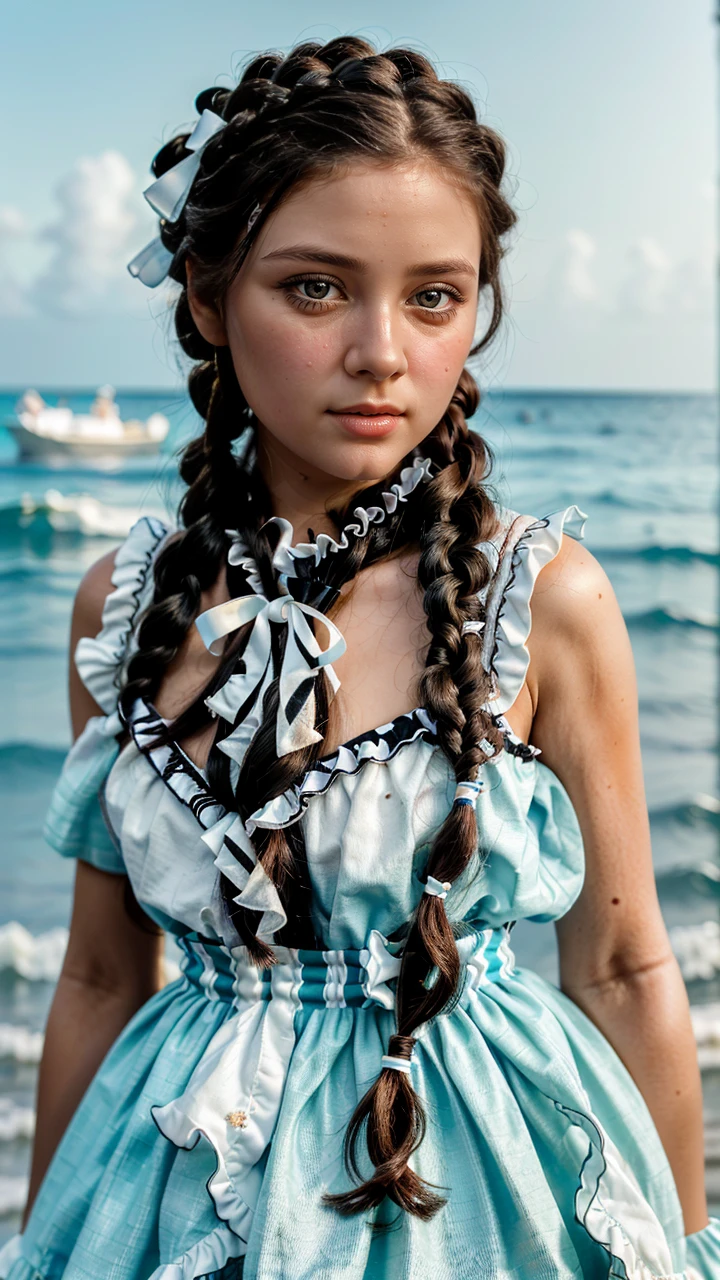 best quality, ultra hi res, photoreaslistic, a photography of a beautiful woman, 30yo teen age, detailed face, black Messy fishtail braid, (detailed porcelain doll,delicate clothes with a lot of frills and ribbons), Beach, (face close up), seductive look, looking at viewer