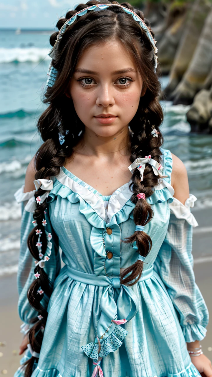 best quality, ultra hi res, photoreaslistic, a photography of a beautiful woman, 30yo teen age, detailed face, black Messy fishtail braid, (detailed porcelain doll,delicate clothes with a lot of frills and ribbons), Beach, (face close up), seductive look, looking at viewer