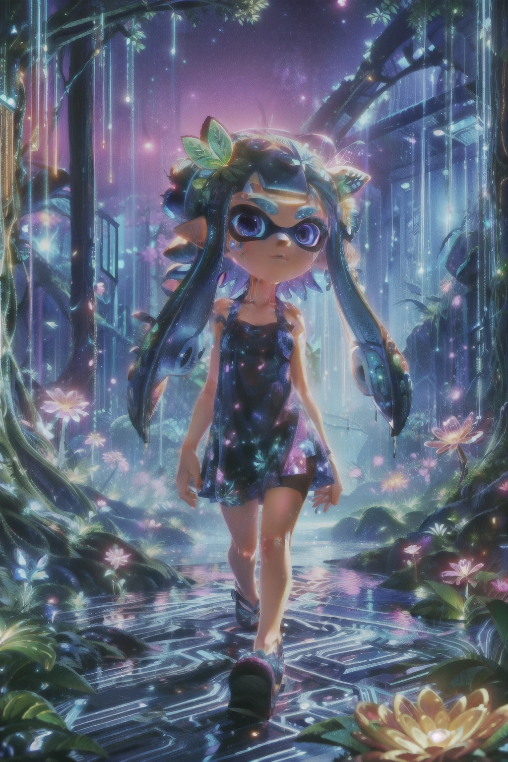 (Shine:1.1),Fantasy,colorful,Watercolor illustration of a dreamy Splatoon girl in a sundress,Walking through a wildflower field at sunset, Tentacle hair with glowing veins、Shine金色の瞳と優しい笑顔を持つ10代の少女のアニメ風の肖像画,
Highest quality,masterpiece,Ultra-high resolution,Cybosenrin, Real Anime、3d、